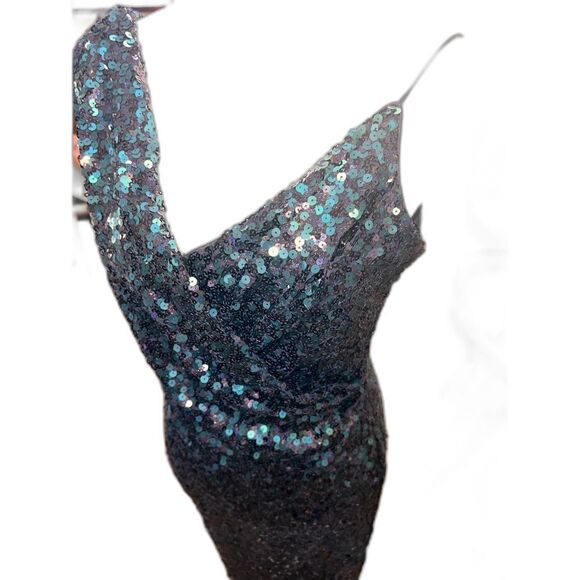 Badgley Mischka Sequin Cocktail Dress Sz 6 Teal Blue V-Neck Sleeveless Party - Picture 9 of 13